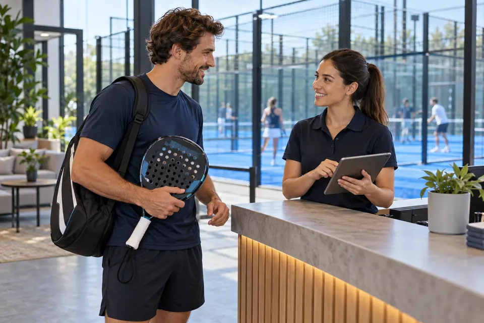 Scène illustrative d'un joueur planifiant une séance de padel lors d'une réception d'un club